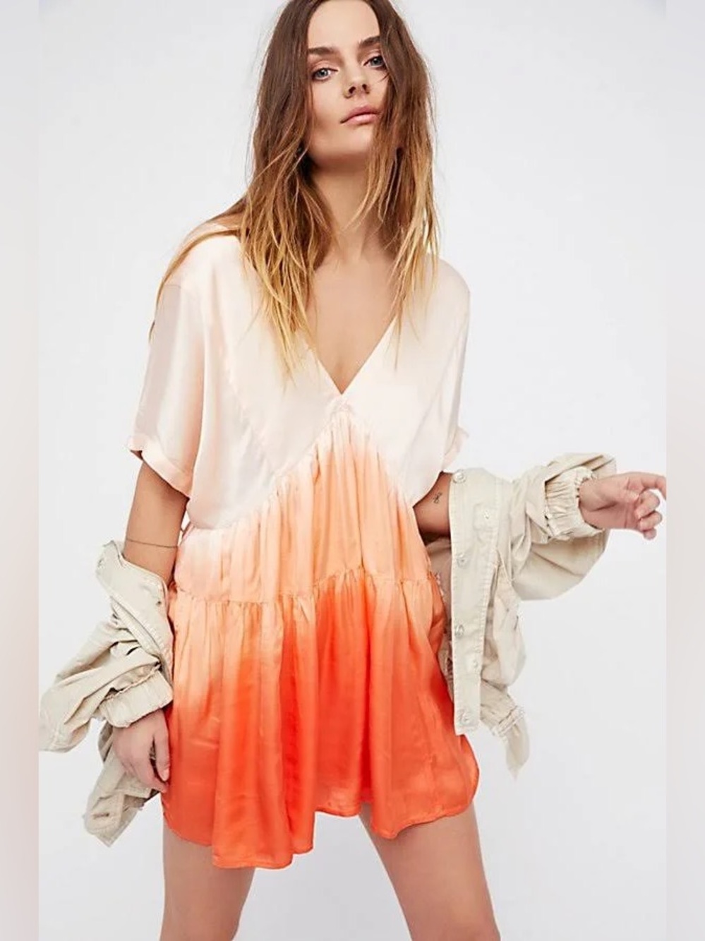 Free People Ombré V-Neck Mini Dress in Cream and Orange